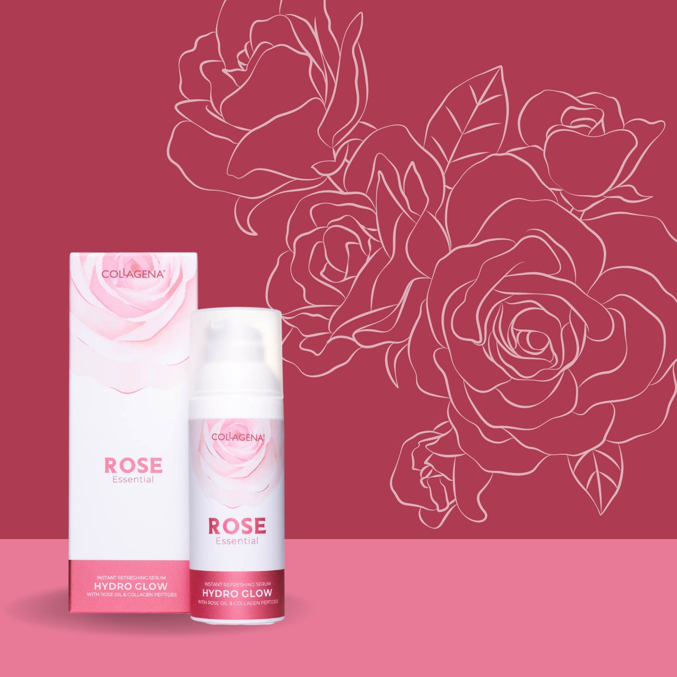 Serum with instant refreshing effect HYDRO GLOW with rose oil and collagen peptides, COLLAGENA Rose Essential, 50 ml